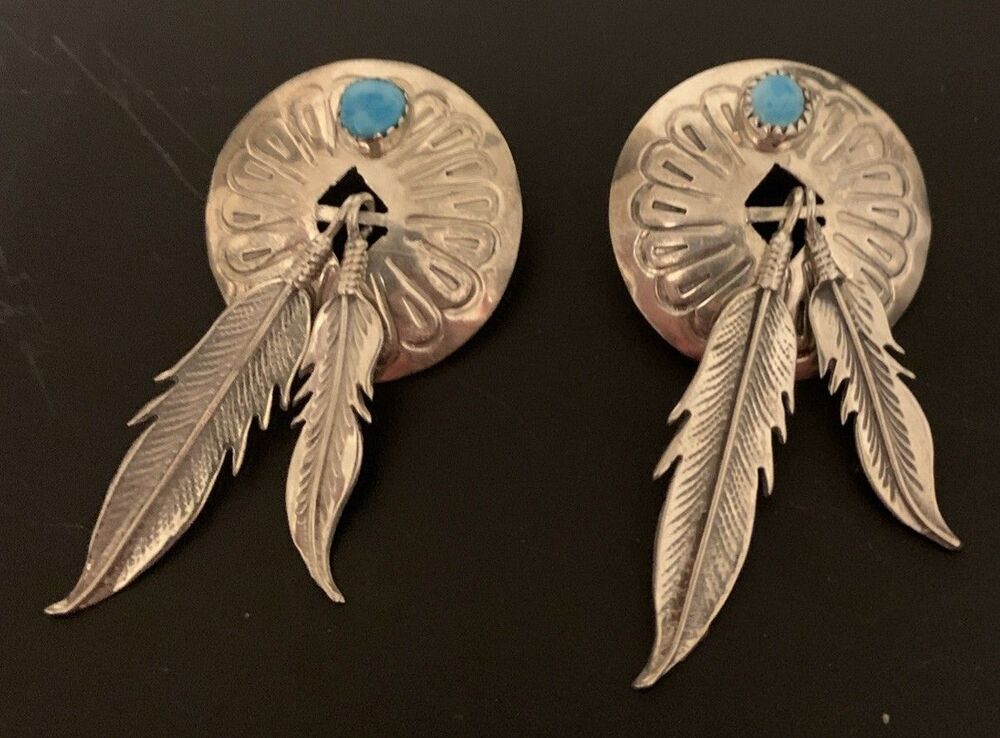 Vintage Native American Sterling Silver Turquoise Concho Feather Earrings Large